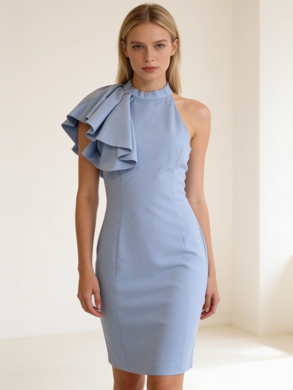 NWT Love Ady One Shoulder Ruffle Sheath Dress Blue Large